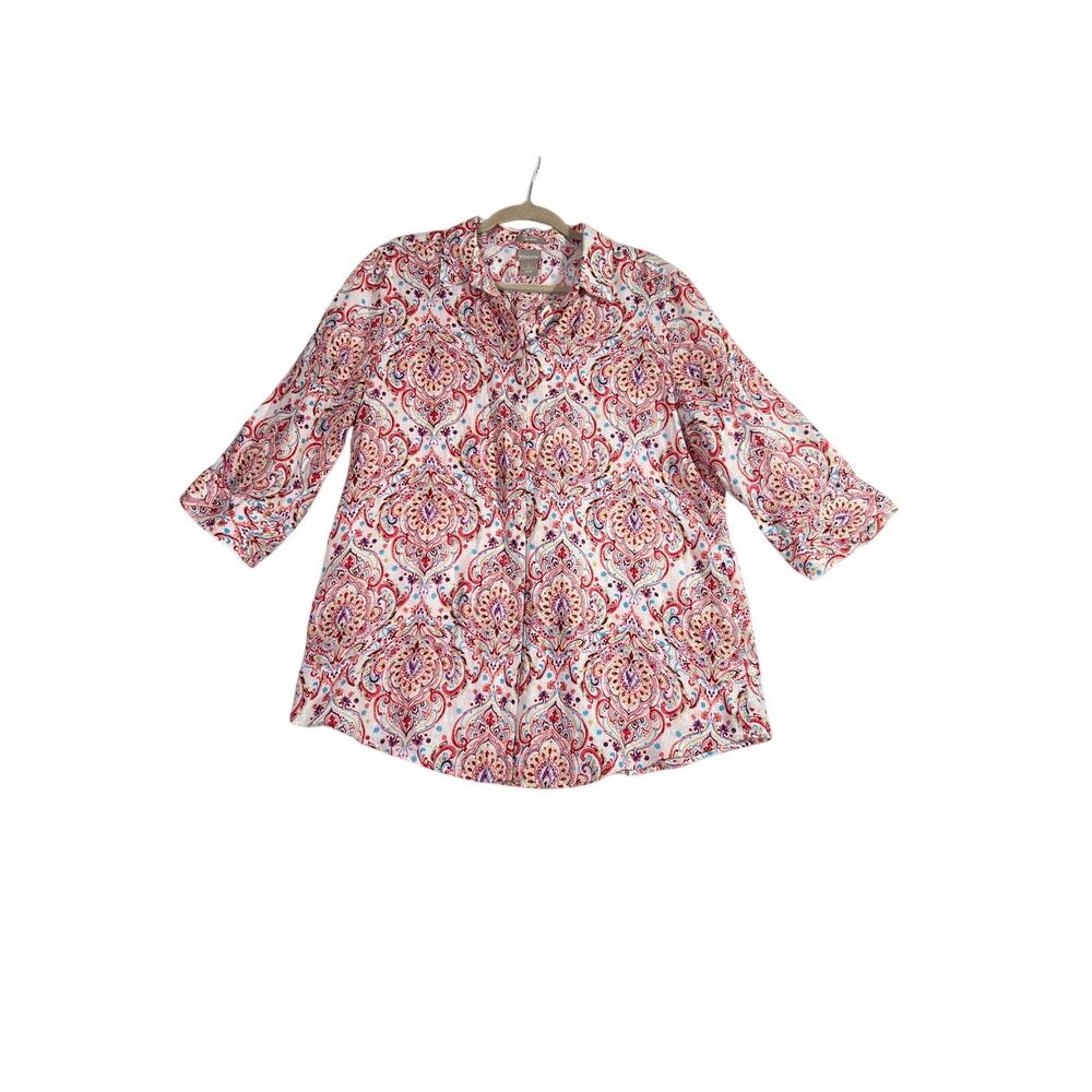 Chico's size 2 top button-up paisley pink/white 100% linen non-iron career